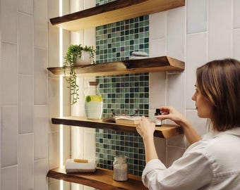 Walnut Live Edge Floating Shelf, Custom Rustic Wood Bracket Shelf
