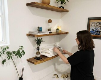 Live Edge Walnut Floating Shelf | Industrial Brackets, Rustic Boho Home Wood
