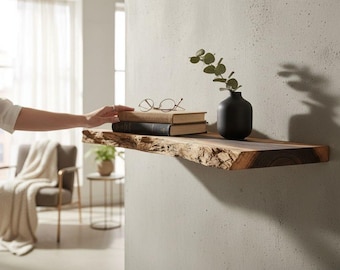 floating shelf wood with Bracket, Custom Wood Shelves, Boho Home Rustic Live Edge