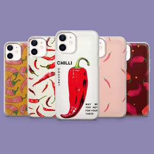 May include: A collection of five phone cases with various chili pepper designs. The cases feature a range of colors, including yellow, white, red, and pink. One case has the word "CHILLI" and the text "MAY BE TOO HOT FOR YOUR TASTE".