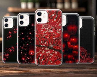 Funda japonesa con diseño de flor de cerezo roja para iPhone 17, 17Pro, 16, 15, 14, 13, 12, Samsung S25, S24Fe, S23, A16, A56, Pixel 10Pro, 9A