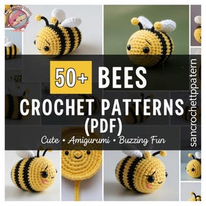 Könnte beinhalten: Ein Bild mit Häkelanleitungen für Bienen. Das Bild zeigt mehrere gehäkelte Bienen in Gelb und Schwarz mit weißen Flügeln. Der Text auf dem Bild lautet "50+ BEES CROCHET PATTERNS (PDF)", "Cute", "Amigurumi" und "Buzzing Fun".