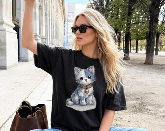 Comfort Colors® Cute Blue Cat T Shirt, Kawaii Kitten Graphic Tee, Vintage Cat Lover Shirt, Whimsical Pet Lover Gift Tee