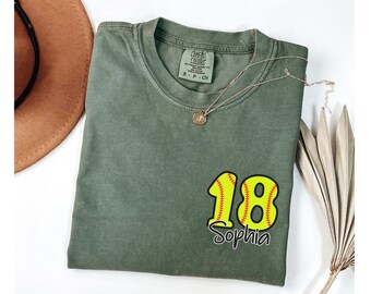 Comfort Colors® Personalized Softball Birthday T Shirt, Custom Age Name Softball Graphic Tee, Softball Birthday Girl Shirt, Sports Gift