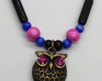 Handmade Owl Necklace: Bronze Charm, Pink Rhinestone Eyes, Colorful Beads