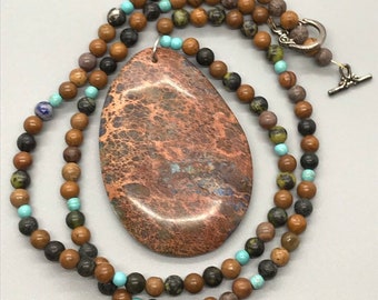 The River Delta: Handmade Necklace Featuring Large Teardrop Shaped Brown Magnesite Pendant