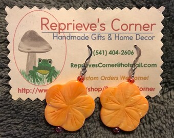 Aloha Handmade Earrings Featuring Orange Flower Shaped Shell Beads