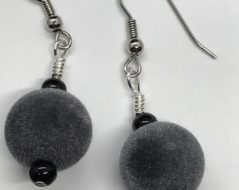 Warm and Fuzzy: Handmade Beaded Earrings Featuring Fuzzy Gray Acrylic Beads