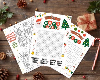 Hojas de actividades navideñas para niños / Laberinto, sopa de letras y busca las diferencias / Página para colorear navideña / Descarga instantánea