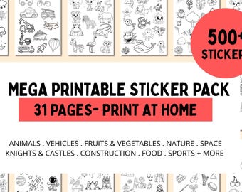 Printable Sticker Mega Pack for Kids – 500+ Coloring Stickers | 31 Pages PDF | Animals, Vehicles, Food & More | Fine Motor Skills Activity