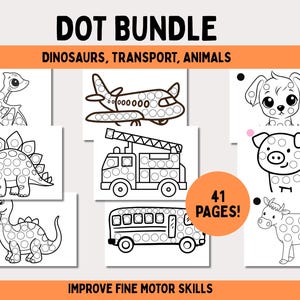 Könnte beinhalten: Ein schwarz-weißes Dot-Bundle mit Dinosauriern, Transportmitteln und Tieren. Die Bilder zeigen einen Dinosaurier, ein Flugzeug, einen Welpen, ein Schwein, ein Feuerwehrauto, einen Schulbus und eine Kuh. Das Bundle umfasst 41 Seiten.