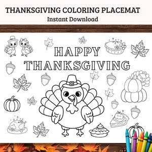 Op de afbeelding: Thanksgiving kleurplaat met de tekst "Thanksgiving Coloring Placemat" en "Instant Download". De placemat heeft een kalkoen, pompoenen, taart, eikels en bladeren. De woorden "Happy Thanksgiving" staan bovenaan.