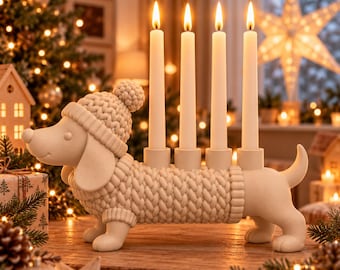 Corona de Adviento con diseño de perro salchicha para 4 velas LED cónicas | Perro salchicha navideño | Decoración de Adviento | Portavelas de perro salchicha | Decoración navideña impresa en 3D