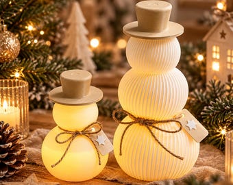Muñeco de nieve impreso en 3D con luz LED | Decoración de invierno | Decoración navideña iluminada | Conjunto de muñeco de nieve moderno | Decoración escandinava | Idea de regalo