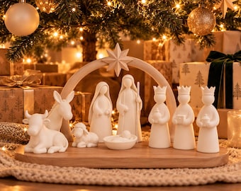 Belén moderno | Regalo de Navidad | Figuras de la Natividad con arco y estrella | Decoración navideña impresa en 3D | Belén