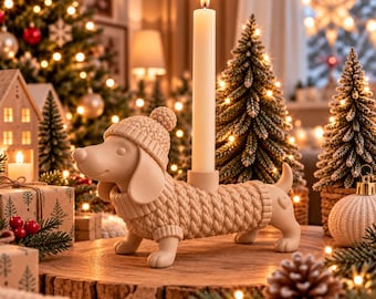 Portavelas navideño con forma de perro salchicha para velas LED cónicas | Decoración navideña de perro salchicha | Decoración impresa en 3D | Regalo para los amantes de los perros salchicha