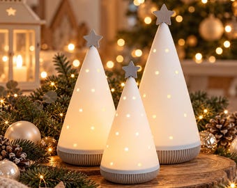 Adorno navideño LED con estrella | Árbol de Navidad impreso en 3D con luces | Decoración navideña | Individual o en juego de 3 | Regalo