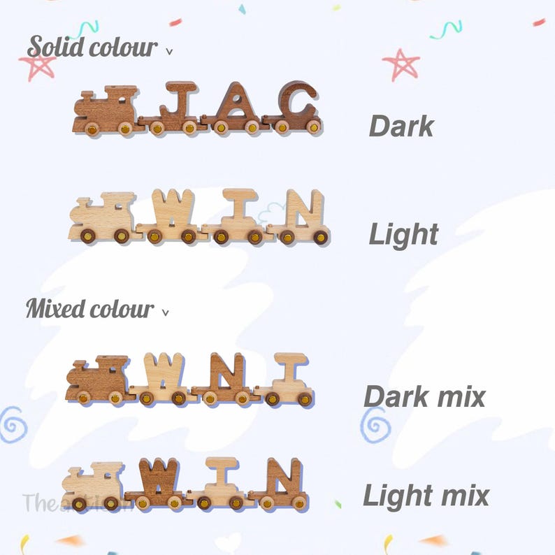 May include: Wooden train toys spelling out names, in solid and mixed colors. The top train spells "JAC" in dark brown, while the second spells "WIN" in light wood. The bottom two trains also spell "WIN" in mixed color variations.