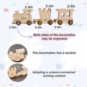 May include: A wooden toy train with three connected cars. The train is made of light-colored wood and features the name "Wini" on the first car. The dimensions are 3.5in x 2.4in x 3.3in x 2.5in x 2.9in x 2.4in. The text says "Both sides of the locomotive may be engraved."