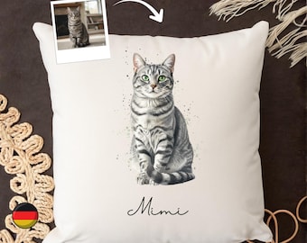 Coussin personnalisé avec votre chat : aquarelle et nom | Cadeau pour les amoureux des chats | Coussin photo de chat | Souvenir de votre chat