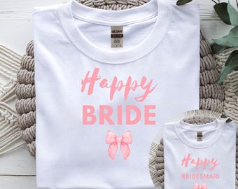 T-shirt pour enterrement de vie de jeune fille, T-shirts pour enterrement de vie de jeune fille, Mariée heureuse et Demoiselle d'honneur heureuse, T-shirt personnalisé, Enterrement de vie de jeune fille pour femmes, T-shirt de groupe, Mariage