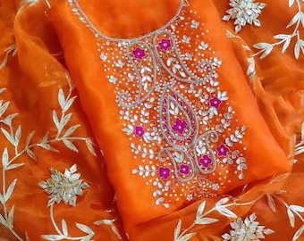 Indische handgemachte Party Wear Designer Organza Salwar Kameez mit Dupatta Stickerei Arbeit Kurta Palazzo Set 3-teiliges pakistanisches Kleid für Frauen