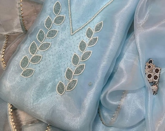 Indian Handmade Party Wear Designer Organza Salwar Kameez With Dupatta Embroidery Work Kurta Palazzo Set 3 Piece Pakistani Suits