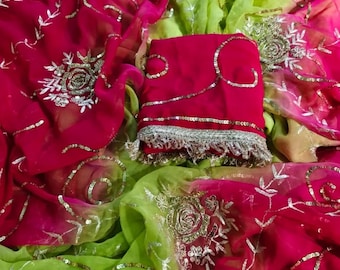 Diamant Chiffon Saree mit Stickerei, Hochzeitskleidung Sari, Bollywood Style Designer Saree für Frauen, Traditionelle Indische Festliche Kleidung
