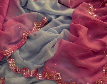 Handgemachter Diamant Chiffon Saree, Bollywood Party Wear mit Bluse