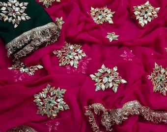 Chiffon Saree mit Stickerei, Hochzeitskleidung Sari, Bollywood Style Designer Saree für Frauen, Traditionelle Indische Festliche Kleidung, Geschenk für Sie