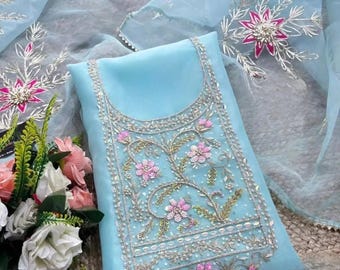Indian Handmade Party Wear Designer Organza Salwar Kameez With Dupatta Embroidery Work Kurta Palazzo Set 3 Piece Pakistani Dress