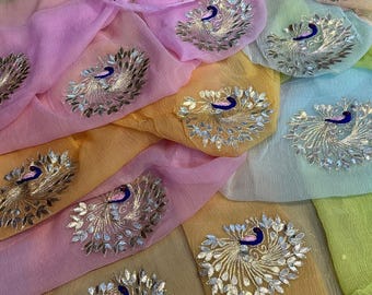 Handgemachter Chiffon Saree mit Gestickten Pfau, Hochzeit Party Sari