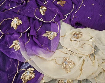 Handmade Floral Chiffon Saree, Indian Wedding Party Wear, Unstitched Blouse