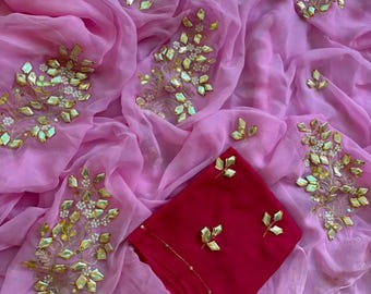 Diamant Chiffon Saree mit Stickerei, Hochzeitskleidung Sari, Bollywood Style Designer Saree für Frauen, Traditionelle Indische Festliche Kleidung