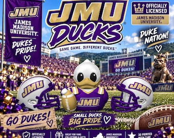 May include: A James Madison University themed rubber duck mascot wearing a purple jersey with the JMU logo, positioned between two white football helmets with purple facemasks, set against a stadium background with text and branding.