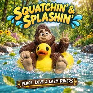 May include: A brown, furry Bigfoot character sits in a yellow rubber duck inner tube in a river, making a peace sign. The text "SQUATCHIN' & SPLASHIN'" appears at the top, and "PEACE, LOVE & LAZY RIVERS" is printed on a wooden sign at the bottom.