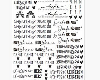 May include: A white sticker sheet featuring German text and decorative elements. Phrases include "Danke," "Lehrerin mit Herz," and "Weltbeste Lehrerin." The design incorporates hearts, rainbows, and various font styles.