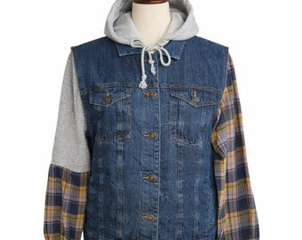 Upcycled Denim Hoodie Jacket for Women – Patchwork Plaid Sleeve Jean Jacket, Oversized Hooded Denim Coat, Handmade Streetwear Size M