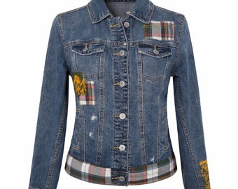 Green & Red Plaid Denim Jacket – Upcycled Patchwork Jacket, XS Size, Handmade Sustainable Fashion