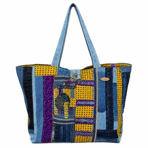 Upcycled Denim Tote Bag, Handmade Patchwork Shoulder Bag, Embroidered Boho Tote, Recycled Textile Art, One of a Kind Large Bag, Gift For Her