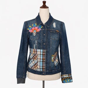SoHo Brown Plaid Jacket – Upcycled Denim & Patchwork Jacket – Women’s Size S (Fits XS–S) – Sustainable Fashion