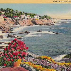 VINTAGE briefkaart "Huizen langs de kust, Laguna Beach, Californië" INSTANT Digitale Download