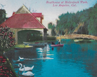 Vintage Post Card "Boathouse At Hollenbeck Park, LOS ANGELES, Cal." INSTANT Digital Download