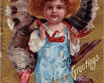 1920's Vintage Post Card, "Thanksgiving Greetings" with creepy toddler and turkey, INSTANT DIGITAL Download