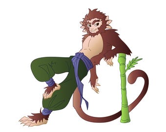 Monkey-Like Character with Bamboo | Asian Fantasy Clipart | Transparent PNG | Vector SVG & AI | Digital Download