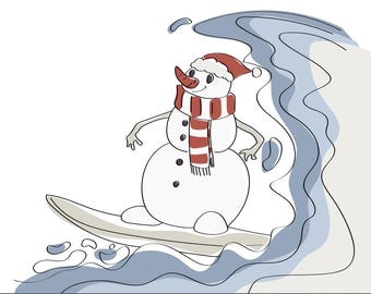 Snowman Surfer PNG | SVG | Digital Item, Snowman on Wave Illustration, Clipart for Creativity, Downloadable File