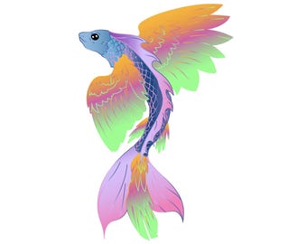 Rainbow Winged Fish | Fantasy Birdfish Clipart | Transparent PNG | Vector SVG & AI | Digital Download