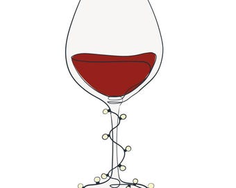 Minimalist Wine Glass with Fairy Lights One Line Art Print, Festive Wine Decor, Continuous Line Drawing, Holiday Kitchen Wall Art Digital