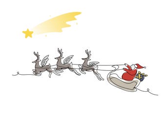 Christmas Clipart | Santa, Sleigh, and Flying Reindeer | One Line Art | PNG SVG | Digital Download