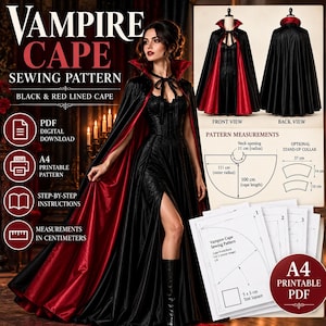 May include: A digital sewing pattern for a black and red lined vampire cape. Includes front and back views, a diagram with measurements in centimeters, and printable A4 pages. Text includes VAMPIRE CAPE SEWING PATTERN, PDF DIGITAL DOWNLOAD, A4 PRINTABLE PATTERN, STEP-BY-STEP INSTRUCTIONS, and MEASUREMENTS IN CENTIMETERS.
